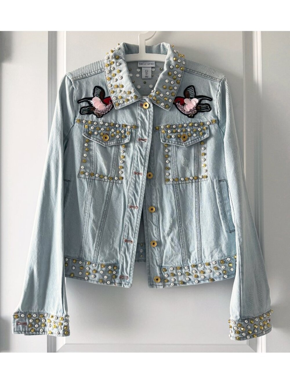 BELLE VERE Beaded Bird Studded Distressed Denim Jacket – Size S – NWOT